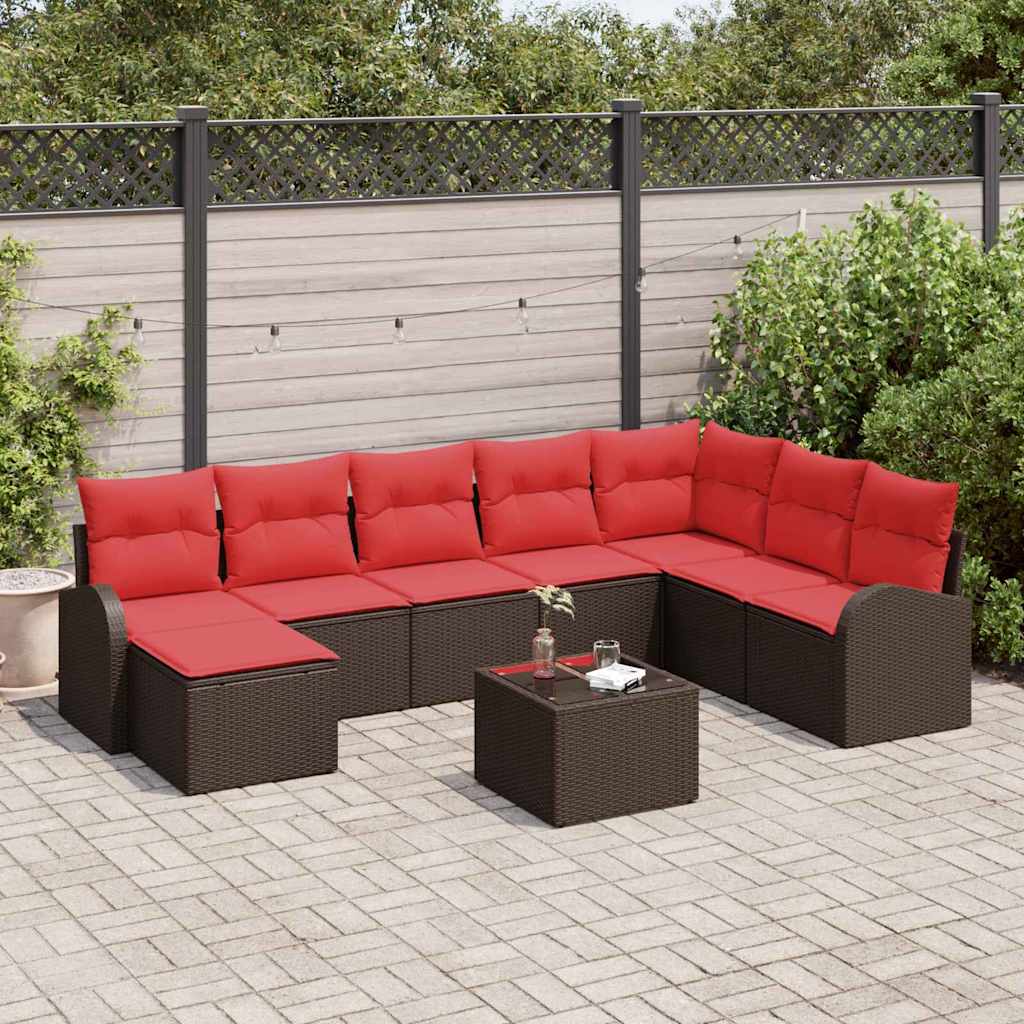 Sofa Set mit Kissen 9 pcs Braun und Rot Poly-Rattan