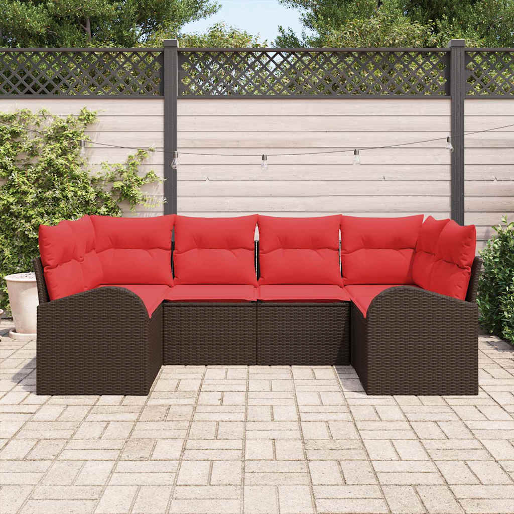 Gartensofa-set mit Kissen 6 pcs Braun und Rot Poly-Rattan