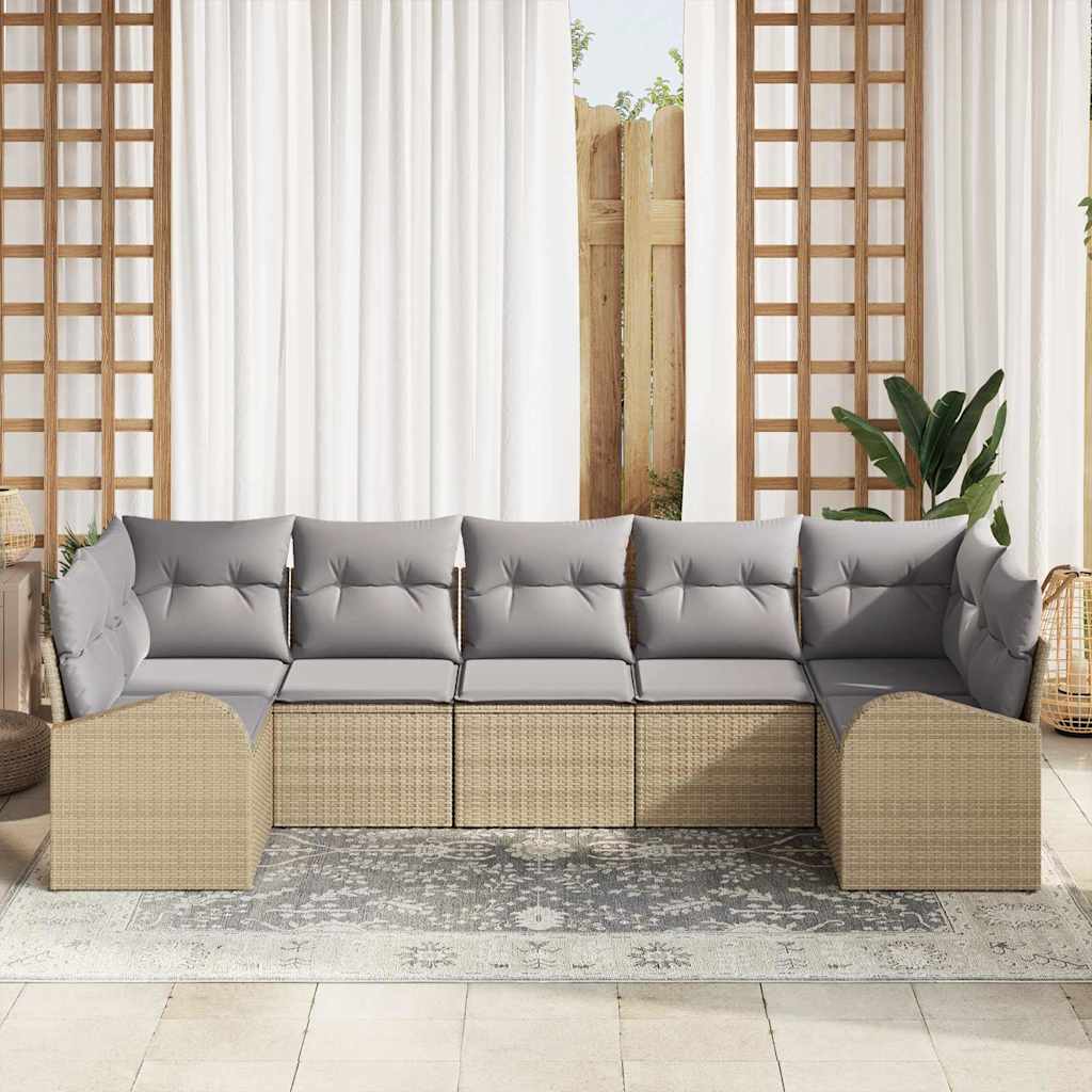 Gartensofa-set mit Kissen 7 pcs Beige und Hellgrau Poly-Rattan