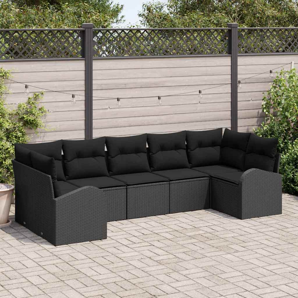 Gartensofa-set mit Kissen 7 pcs Schwarz Poly-Rattan