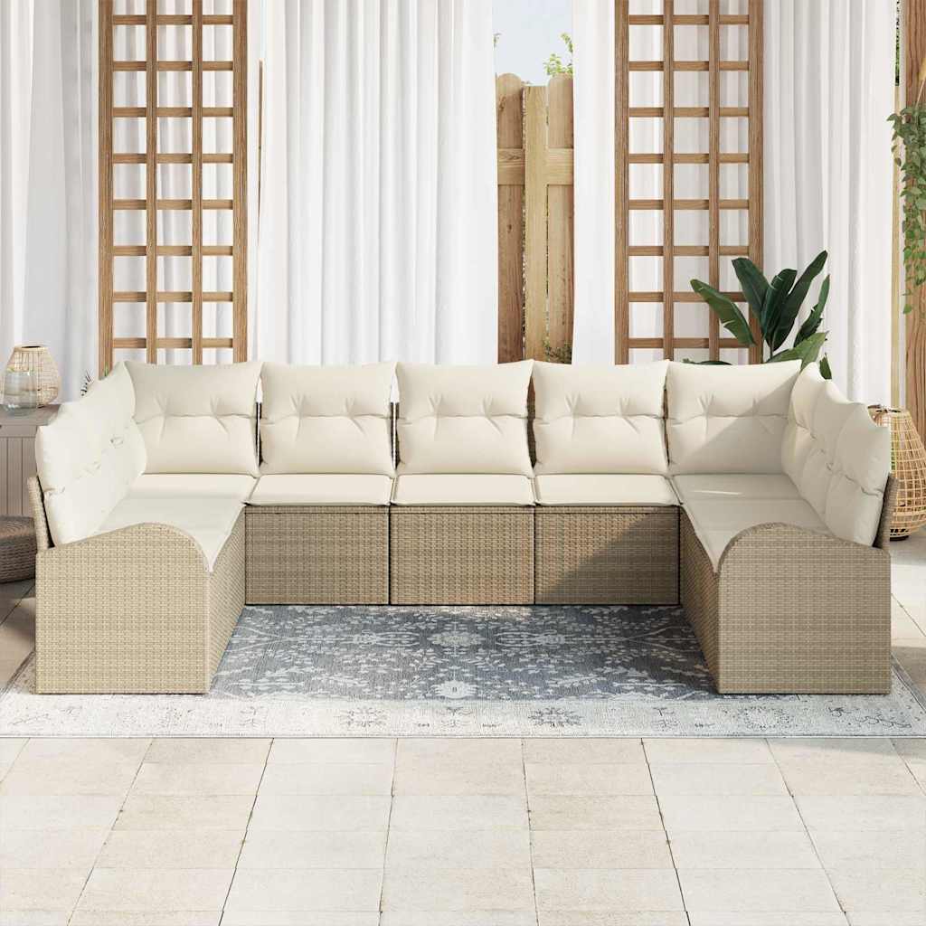 Gartensofa-set mit Kissen 9 pcs Beige und Weiß Poly-Rattan