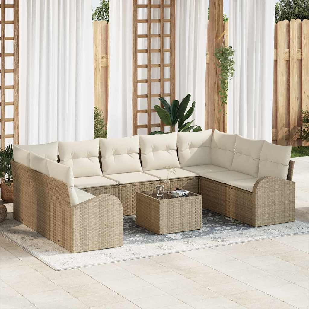 Gartensofa-set mit Kissen 10 pcs Beige und Weiß Poly-Rattan