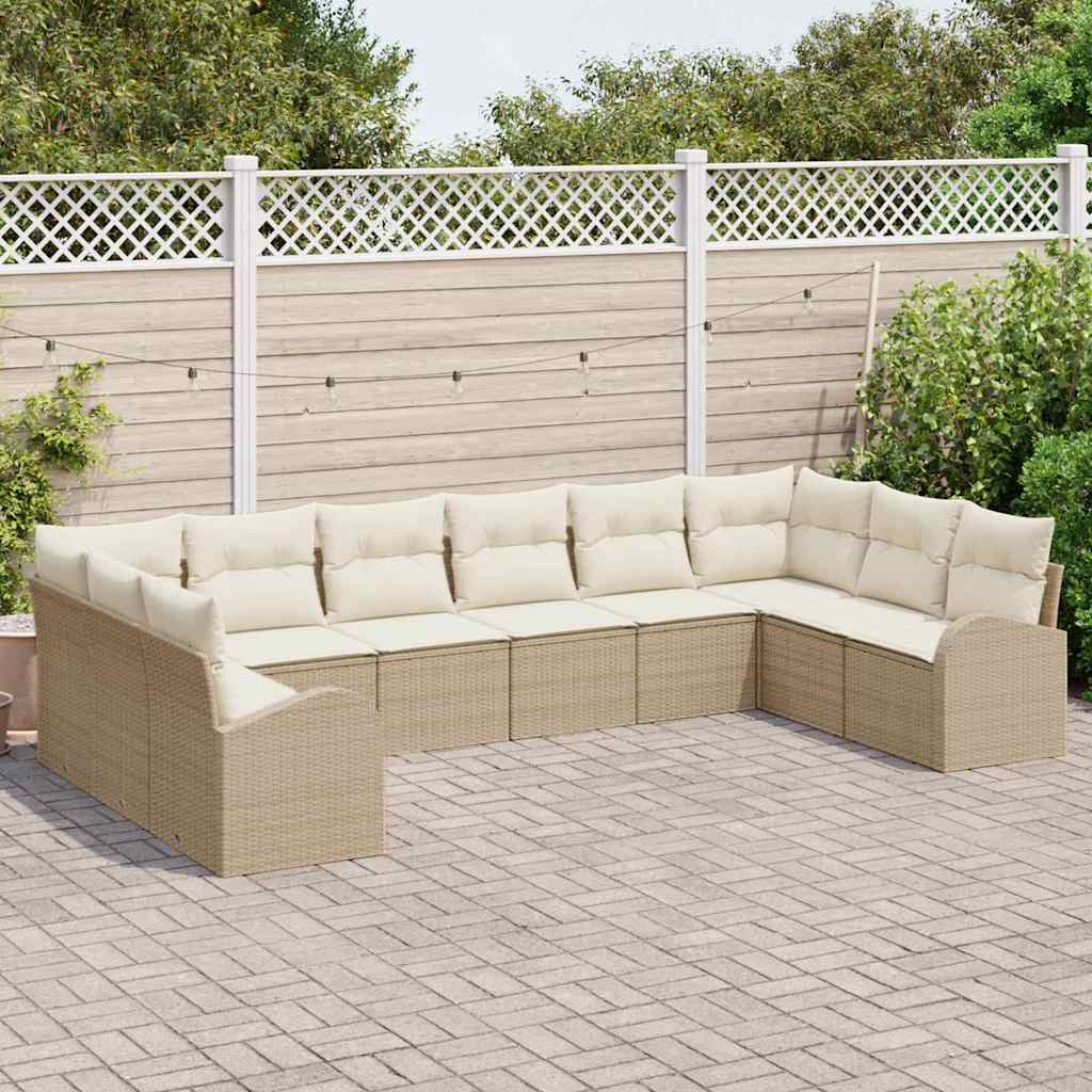 Gartensofa-set mit Kissen 10 pcs Beige und Weiß Poly-Rattan