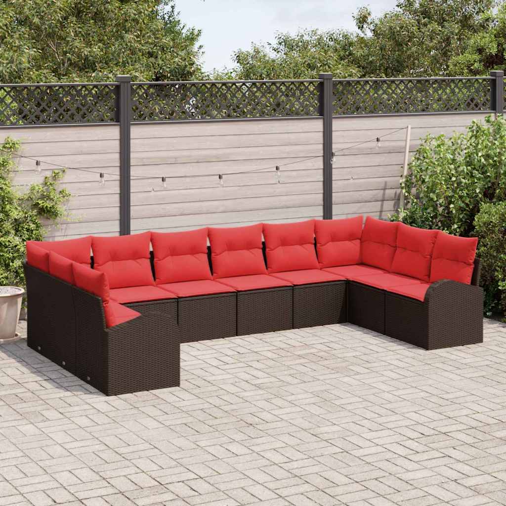 Gartensofa-set mit Kissen 10 pcs Braun und Rot Poly-Rattan