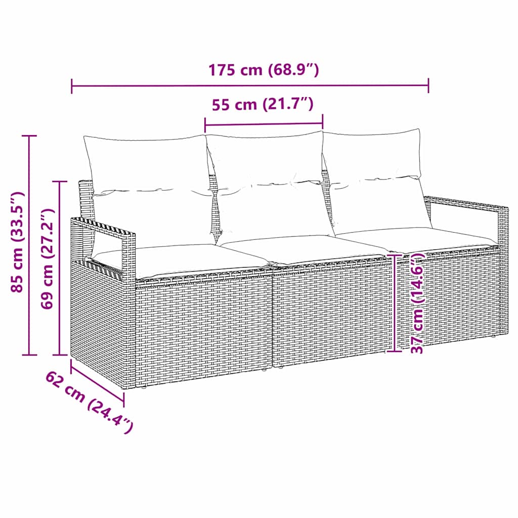 Gartensofa-set mit Kissen 3 pcs Hellgrau Poly-Rattan