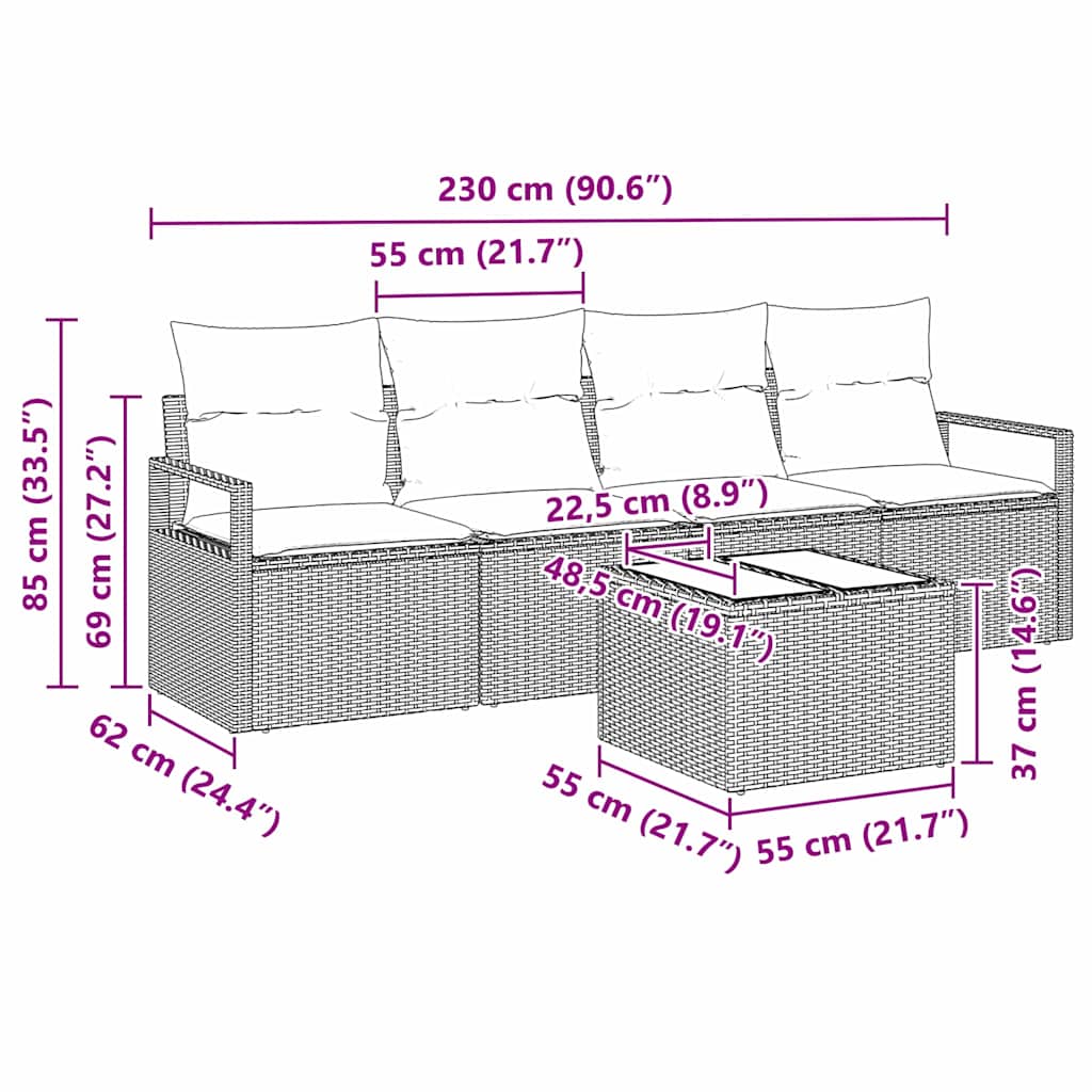 Sofa Set mit Kissen mit Speicher 5 pcs Grau Poly-Rattan