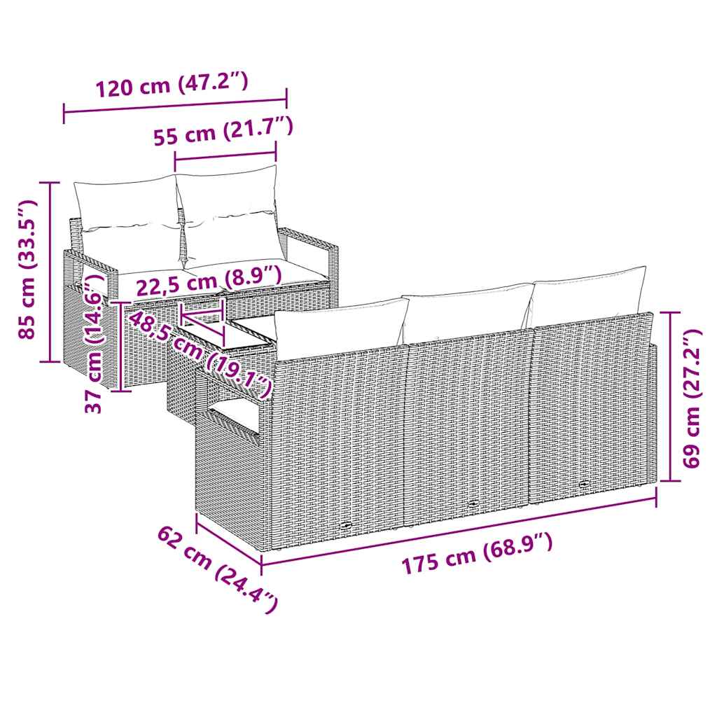 Gartensofa-set mit Kissen 6 pcs Schwarz Poly-Rattan
