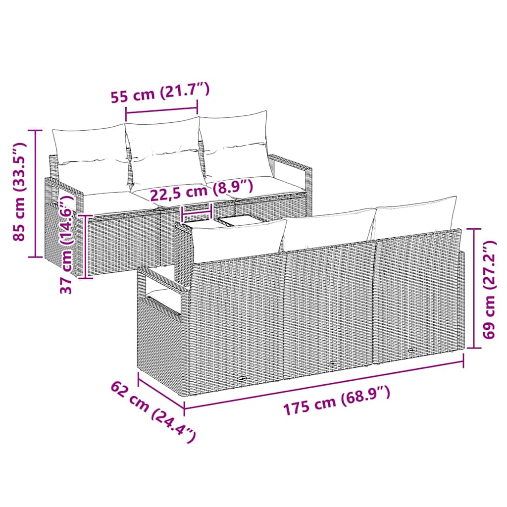 Gartensofa-set mit Kissen mit Speicher 7 pcs Grau Poly-Rattan