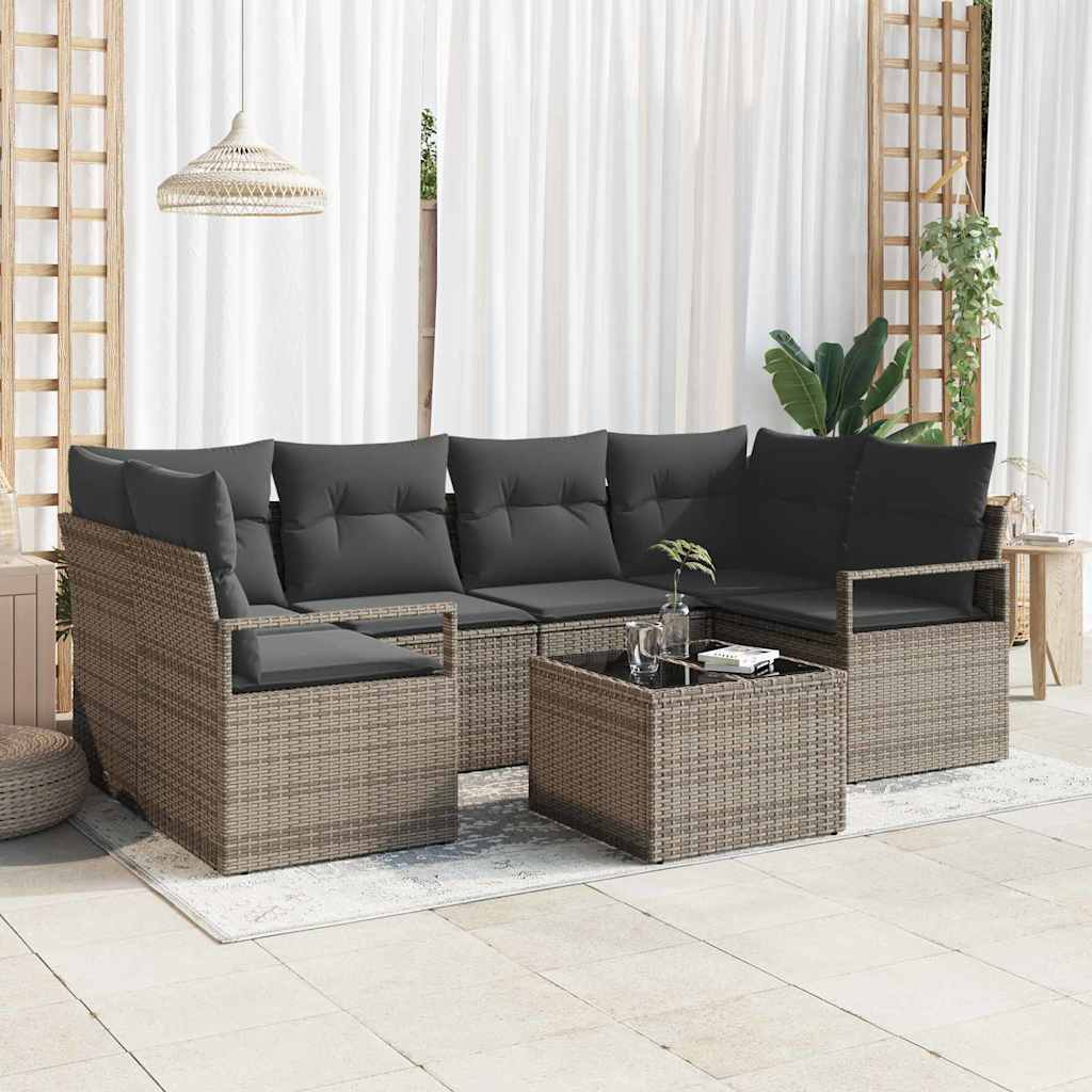 Garten-Sofa-Set 7 pcs Grau Poly-Rattan und Stahl und Glas