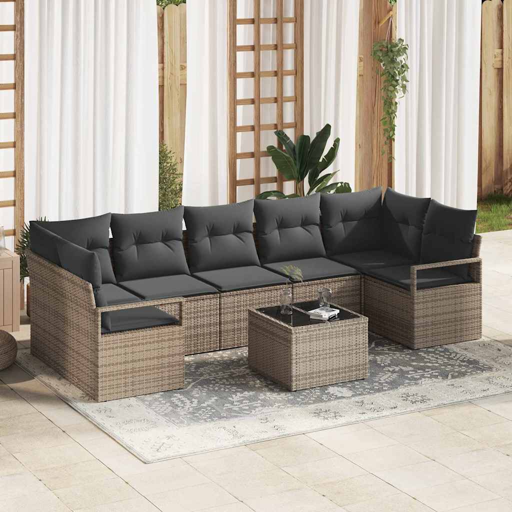 Garten-Sofa-Set 8 pcs Grau Poly-Rattan und Stahl und Glas