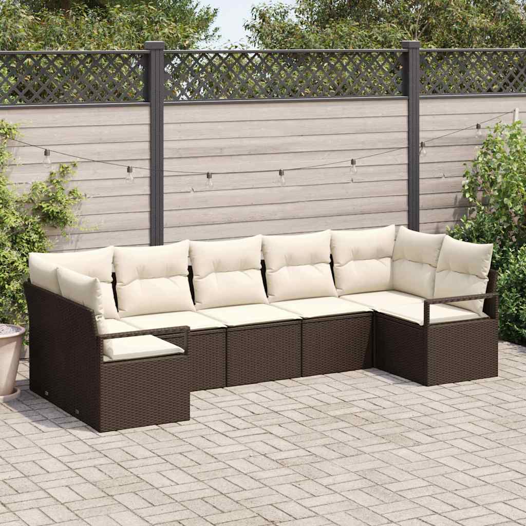 Gartensofa-set mit Kissen 7 pcs Braun und Weiß Poly-Rattan