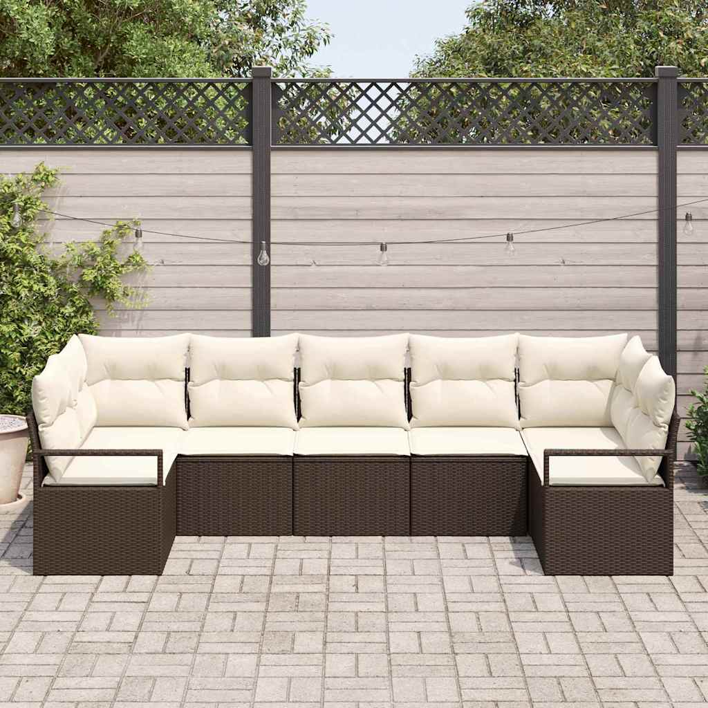 Gartensofa-set mit Kissen 7 pcs Braun und Weiß Poly-Rattan