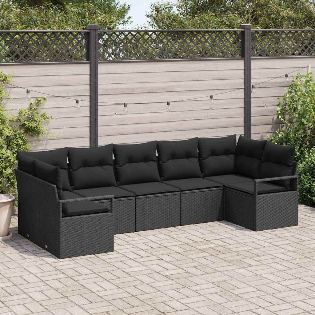 Gartensofa-set mit Kissen 7 pcs Schwarz Poly-Rattan