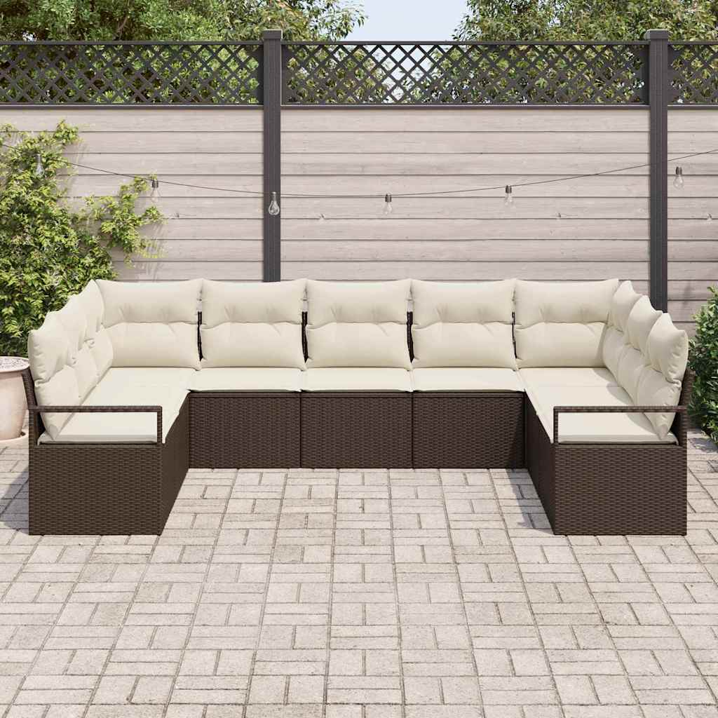 Gartensofa-set mit Kissen 9 pcs Braun und Weiß Poly-Rattan