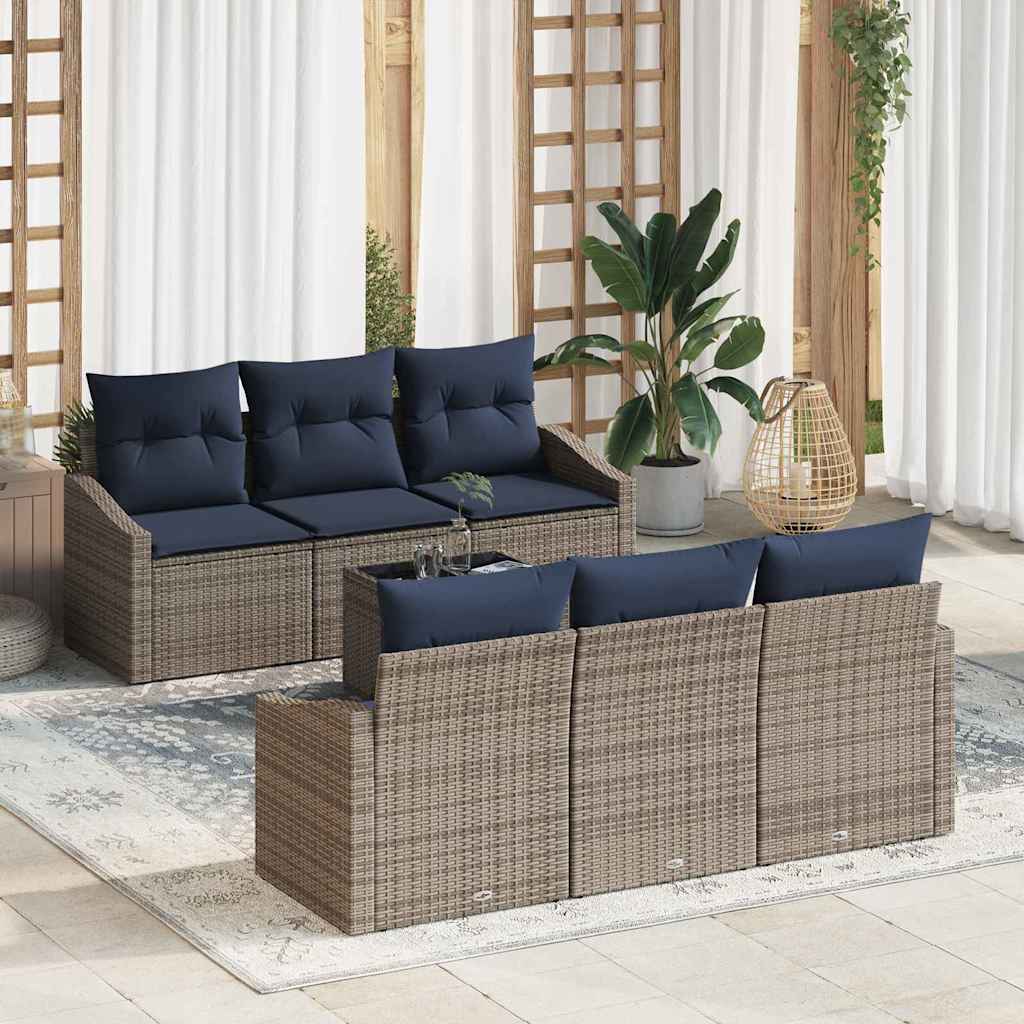 Sofa Set mit Kissen 7 pcs Grau und Marineblau Poly-Rattan