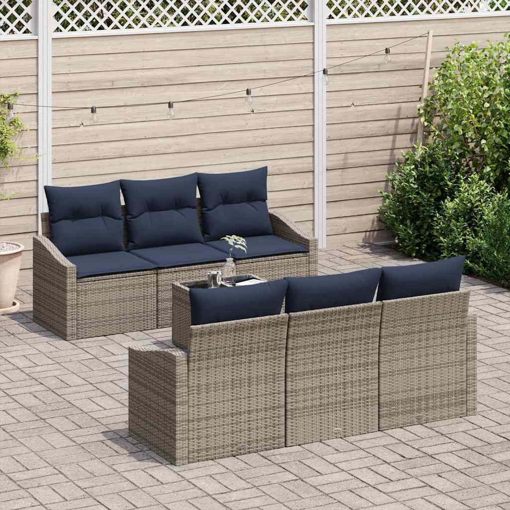 Sofa Set mit Kissen 7 pcs Grau und Marineblau Poly-Rattan