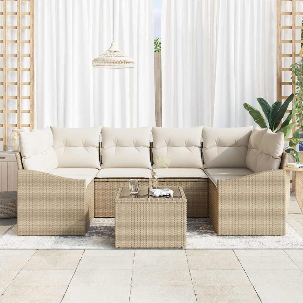 Sofa Set mit Kissen 7 pcs Beige und Creme Poly-Rattan
