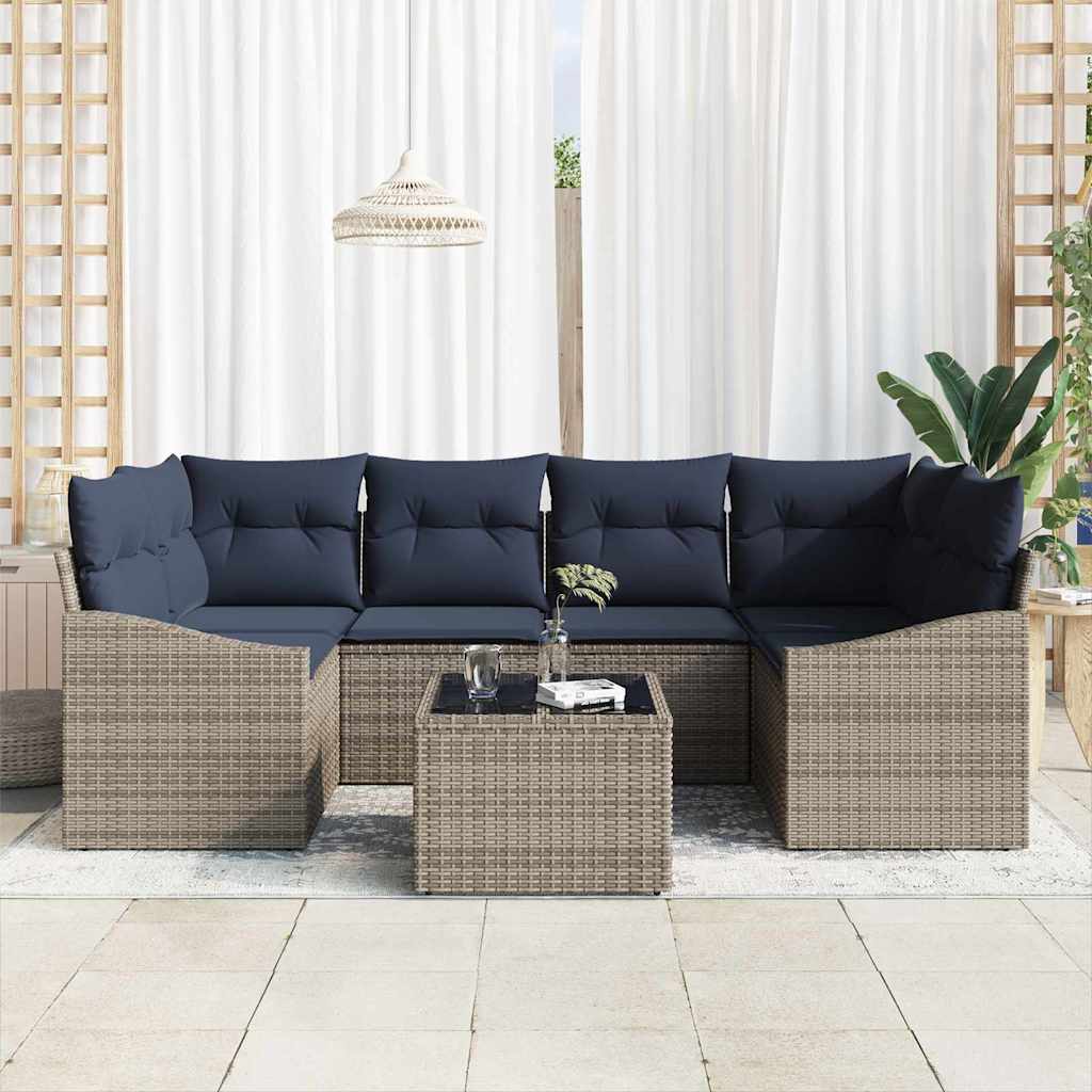 Sofa Set mit Kissen 7 pcs Grau und Marineblau Poly-Rattan