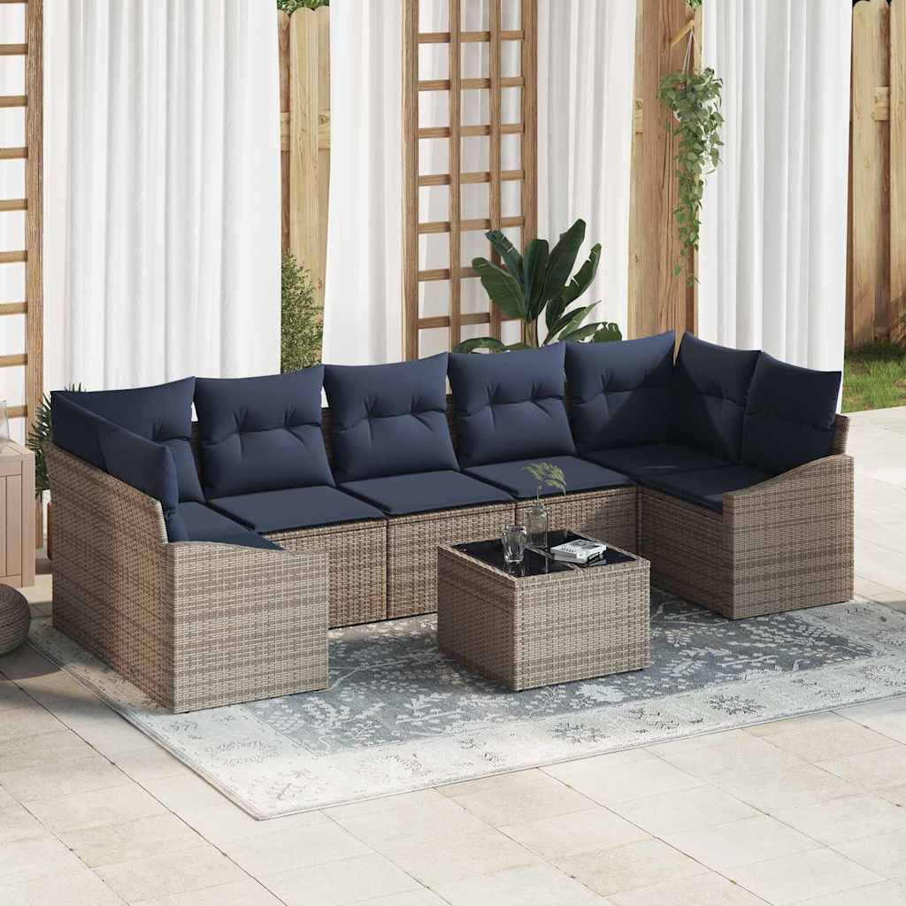 Sofa Set mit Kissen 8 pcs Grau und Marineblau Poly-Rattan
