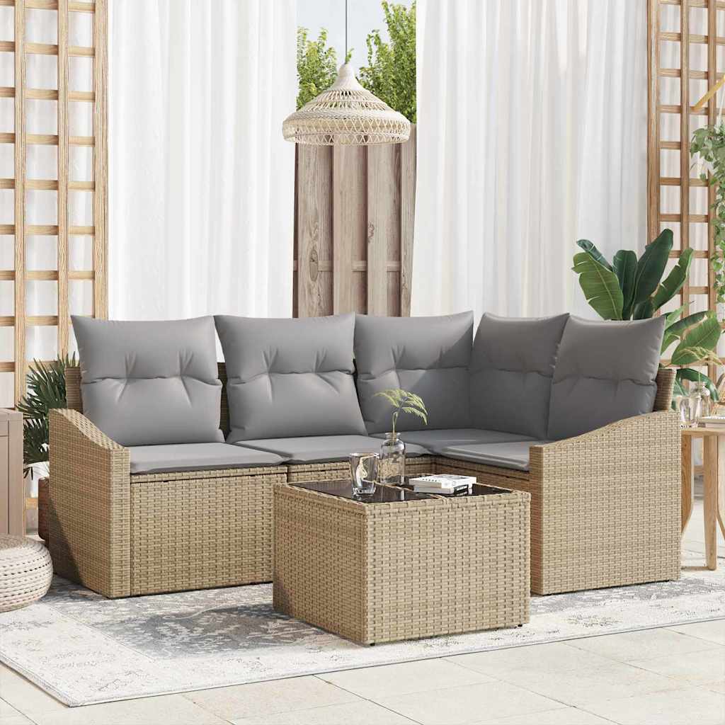Gartensofa-set mit Kissen 5 pcs Beige und Hellgrau Poly-Rattan