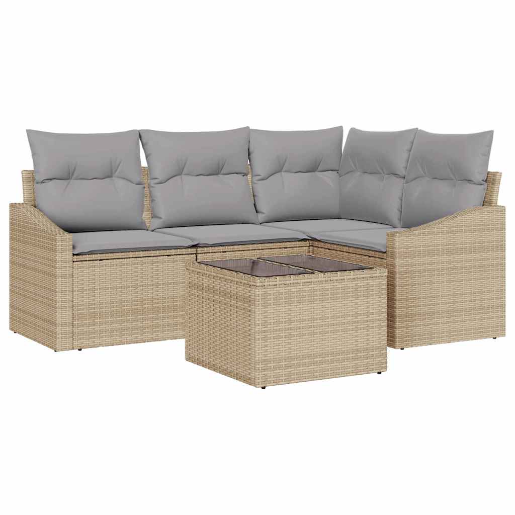 Gartensofa-set mit Kissen 5 pcs Beige und Hellgrau Poly-Rattan