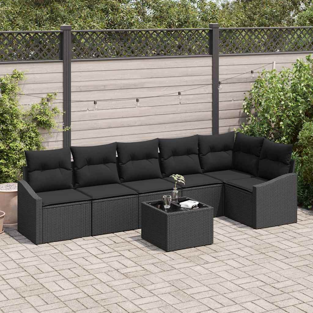 Gartensofa-set mit Kissen 7 pcs Schwarz Poly-Rattan