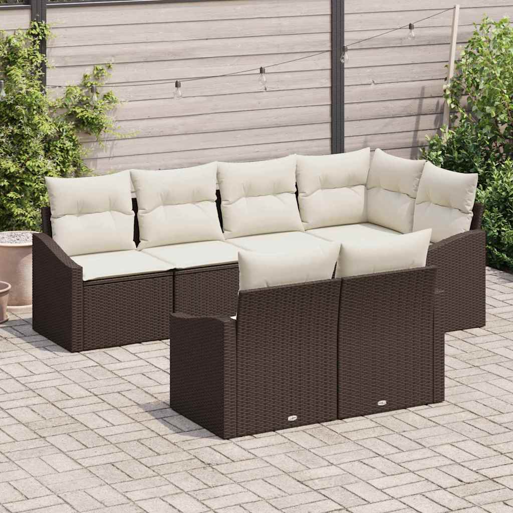 Gartensofa-set mit Kissen 7 pcs Braun und Weiß Poly-Rattan