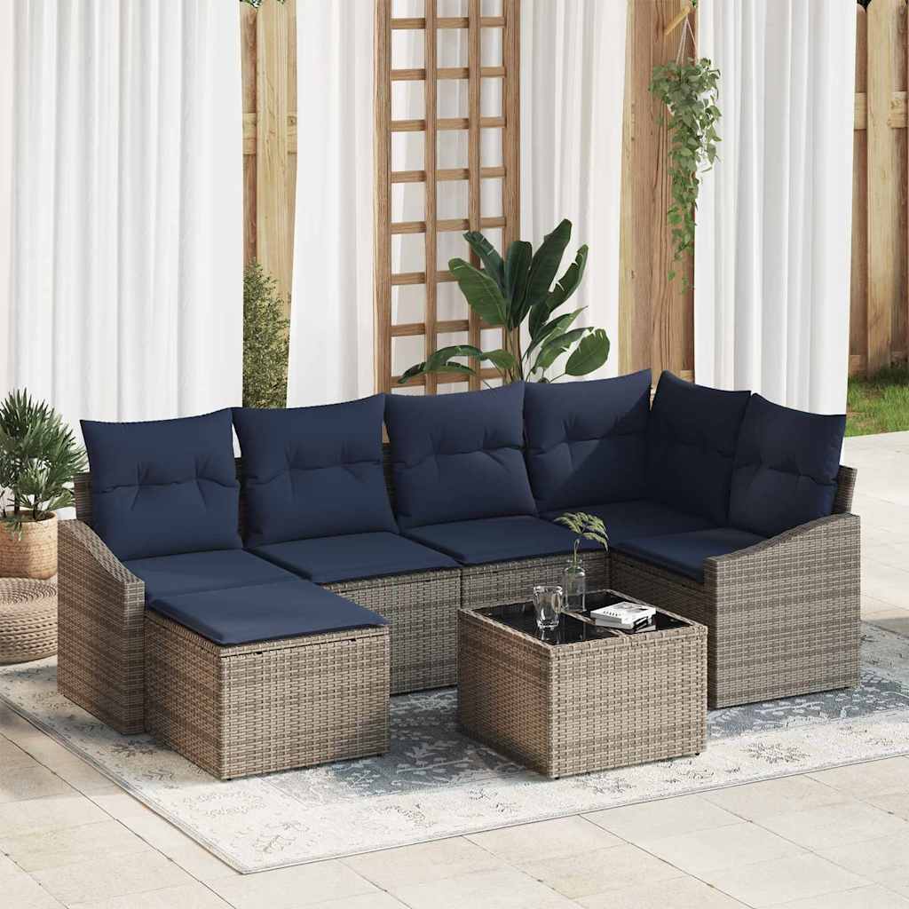 Sofa Set mit Kissen 7 pcs Grau und Marineblau Poly-Rattan
