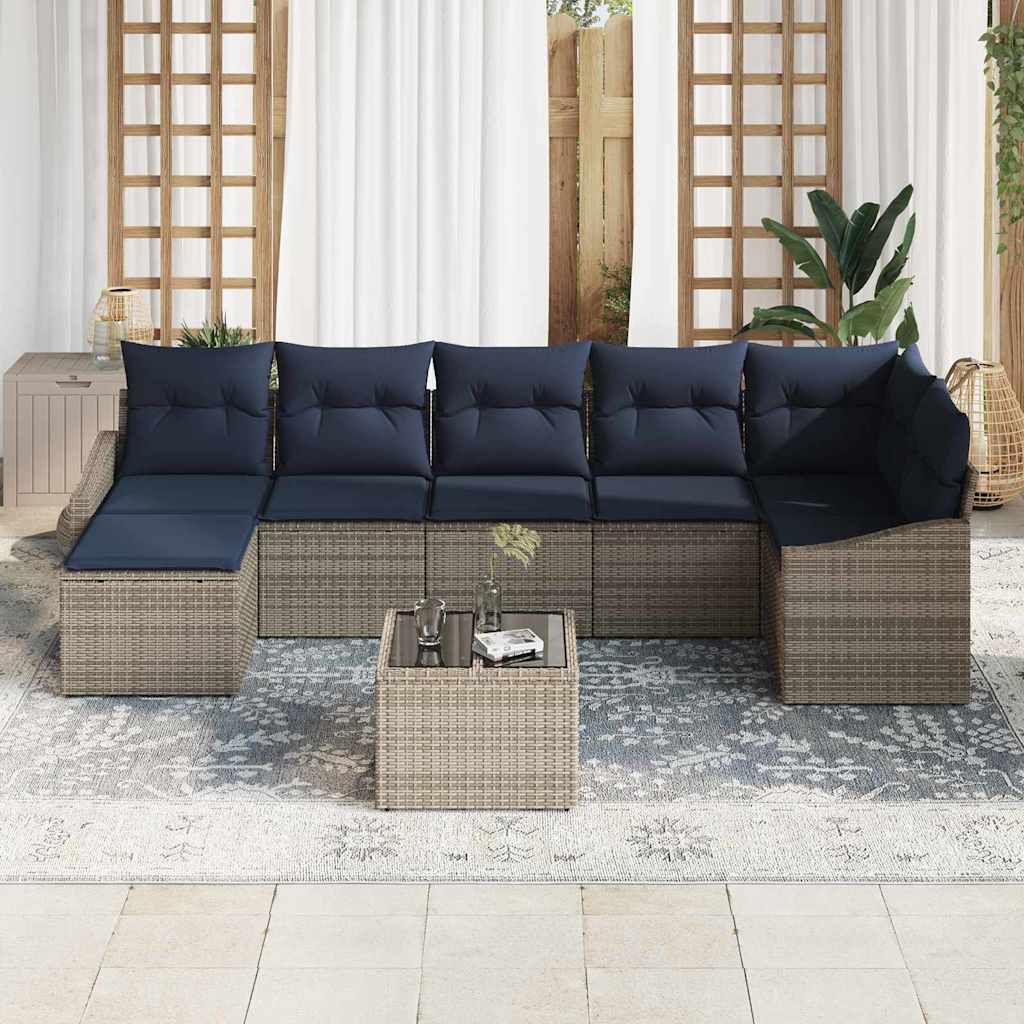 Garten-Sofa-Set mit Kissen Grau und Marineblau Poly-Rattan