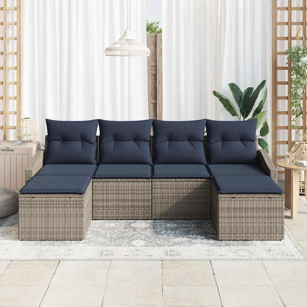 Garten-Sofa-Set 6 pcs Grau und Marineblau Poly-Rattan