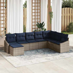 Gartensofa-set mit Kissen 8 pcs Grau und Marineblau Poly-Rattan
