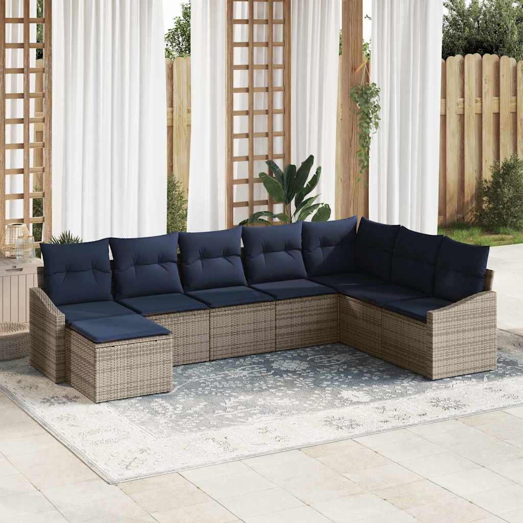 Gartensofa-set mit Kissen 8 pcs Grau und Marineblau Poly-Rattan