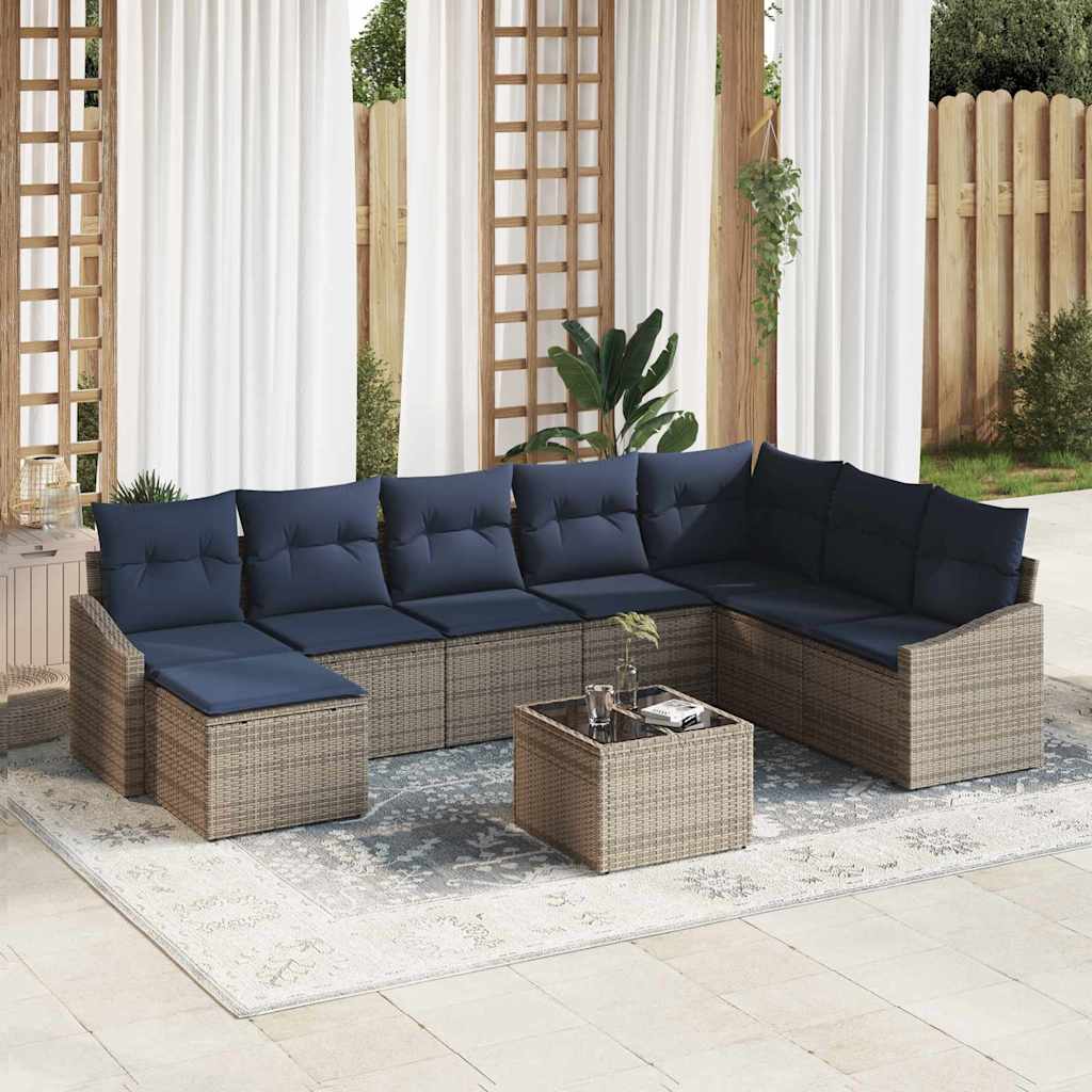 Gartensofa-set mit Kissen 8 pcs Grau und Marineblau Poly-Rattan