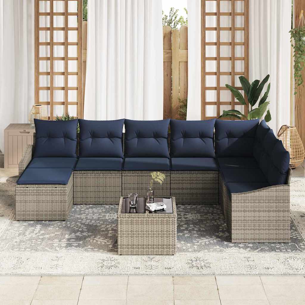 Gartensofa-set mit Kissen 8 pcs Grau und Marineblau Poly-Rattan