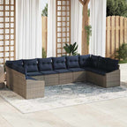 Gartensofa-set 10 pcs Grau und Marineblau Poly-Rattan