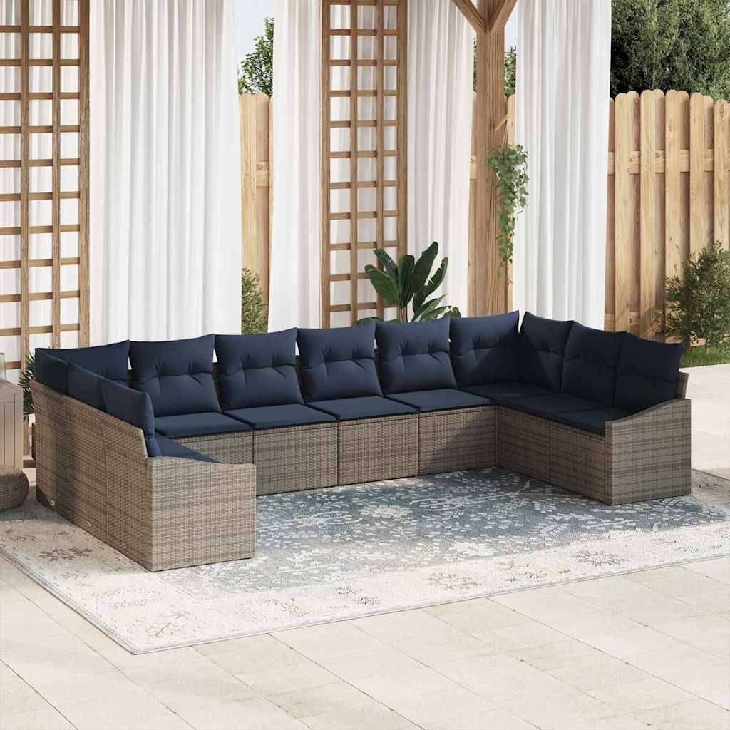 Gartensofa-set 10 pcs Grau und Marineblau Poly-Rattan