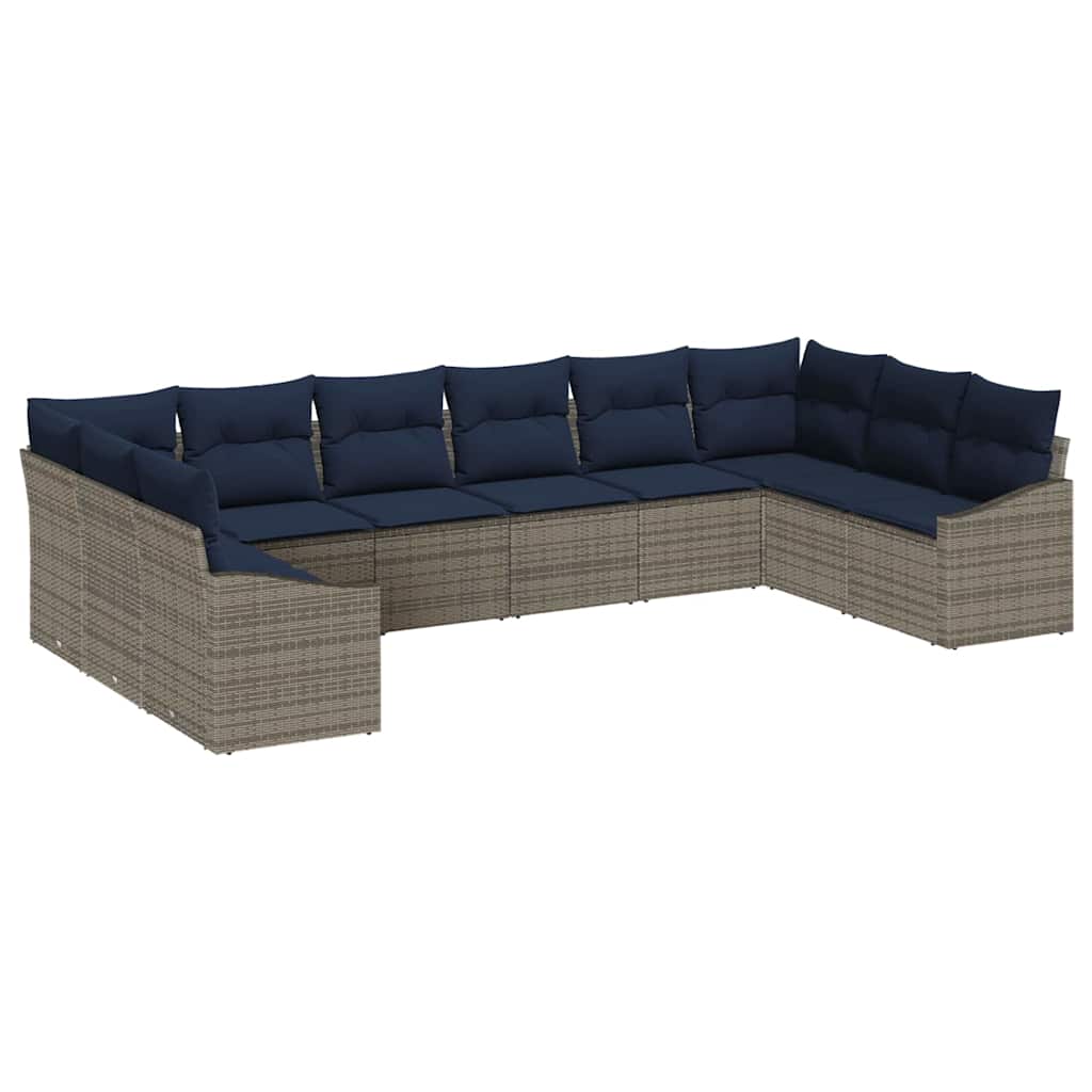 Gartensofa-set 10 pcs Grau und Marineblau Poly-Rattan
