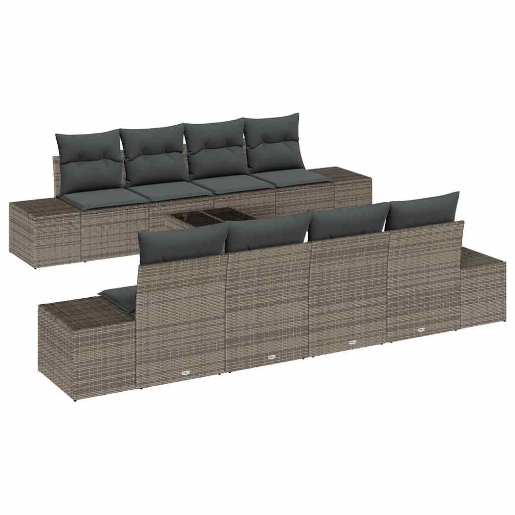 Garten-Sofa-Set mit Kissen mit Speicher 8 pcs Grau Poly-Rattan