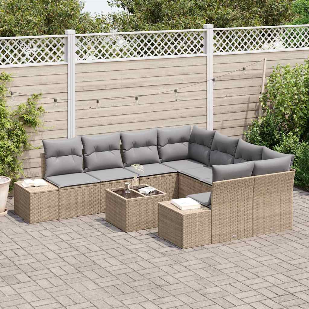 Garten-Sofa-Set mit Kissen 9 pcs Beige und Grau Poly-Rattan