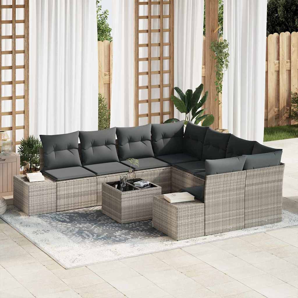 Garten-Sofa-Set 9 pcs Hellgrau und Dunkelgrau Poly-Rattan