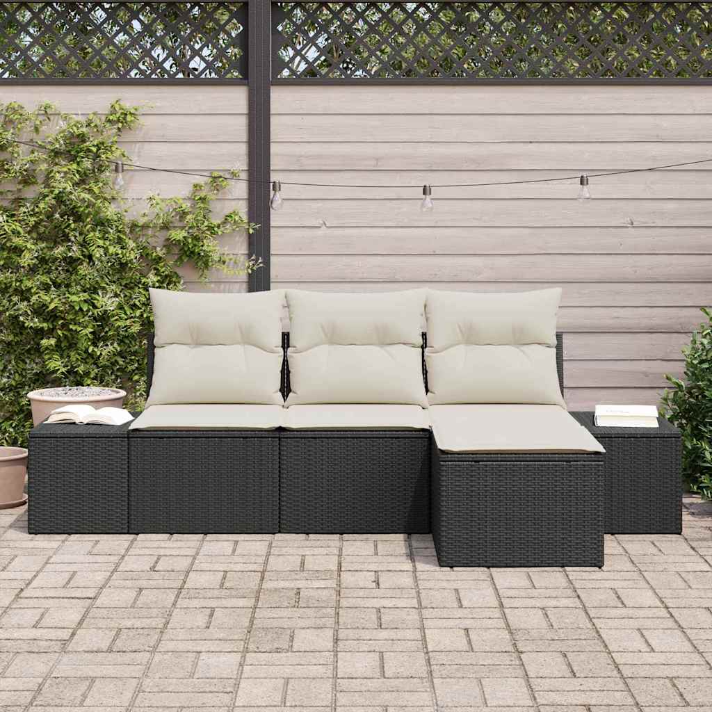 Garten-Sofa-Set mit Kissen 4 pcs Schwarz und Creme Poly-Rattan