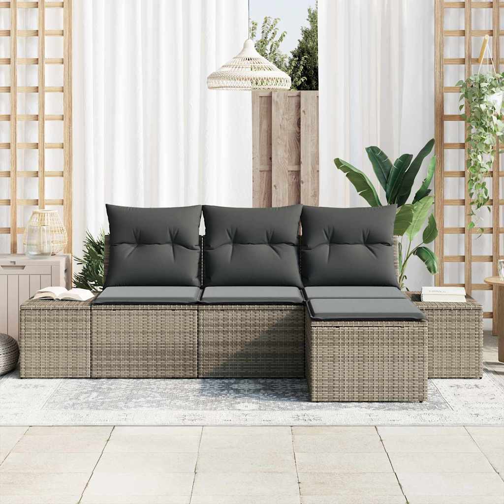 Garten-Sofa-Set mit Kissen mit Speicher 4 pcs Grau Poly-Rattan