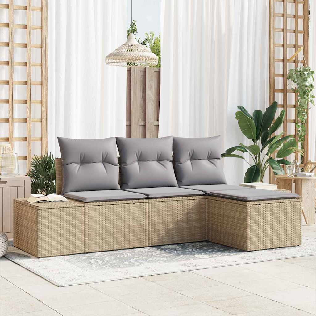 Garten-Sofa-Set mit Kissen 4 pcs Beige und Hellgrau Poly-Rattan
