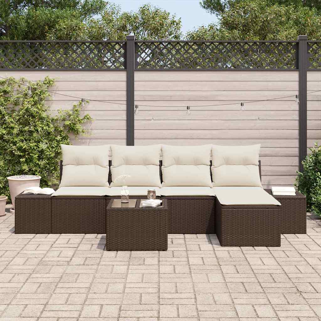 Garten-Sofa-Set mit Kissen 5 pcs Braun und Creme Poly-Rattan