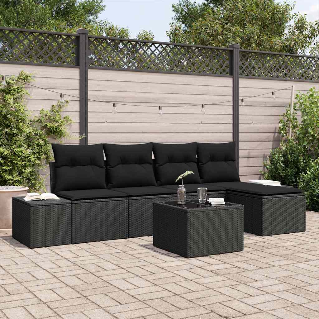 Garten-Sofa-Set mit Kissen 5 pcs Schwarz Poly-Rattan