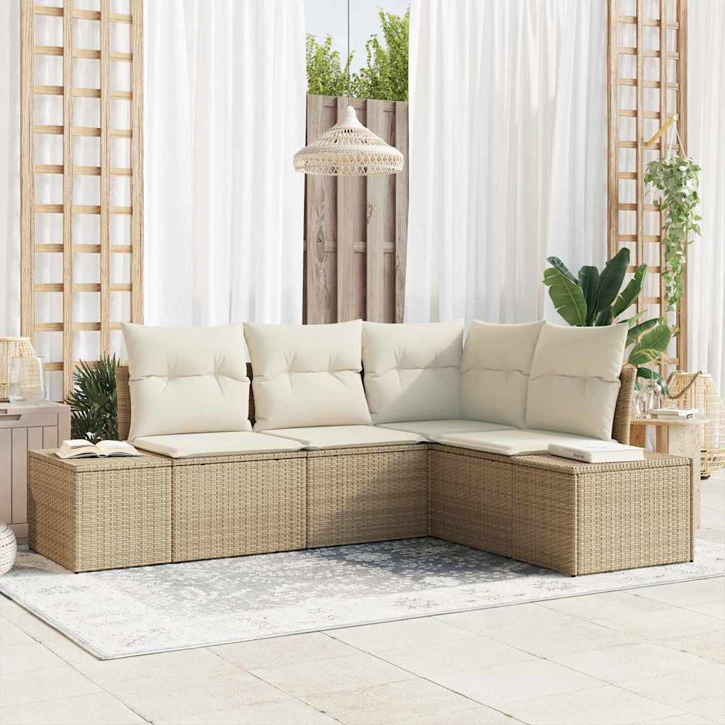 Gartensofa-set mit Speicher 4 pcs Beige und Creme Poly-Rattan