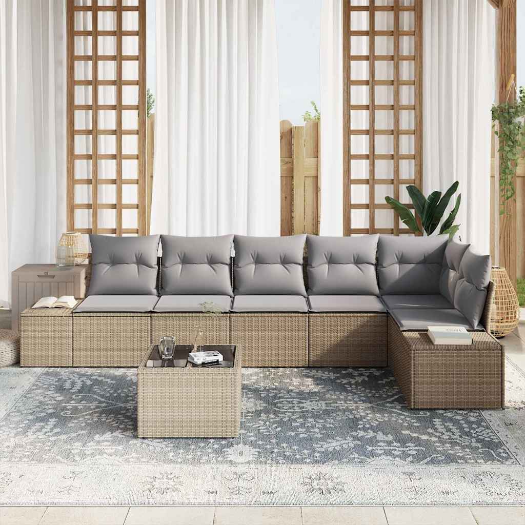 Gartensofa-set mit Speicher Beige und Hellgrau Poly-Rattan