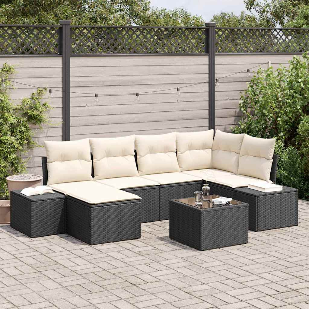 Garten-Sofa-Set mit Kissen 6 pcs Schwarz und Creme Poly-Rattan