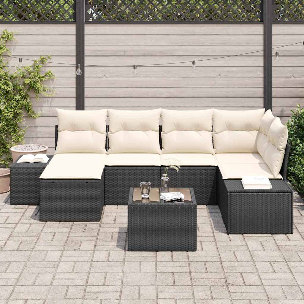 Garten-Sofa-Set mit Kissen 6 pcs Schwarz und Creme Poly-Rattan