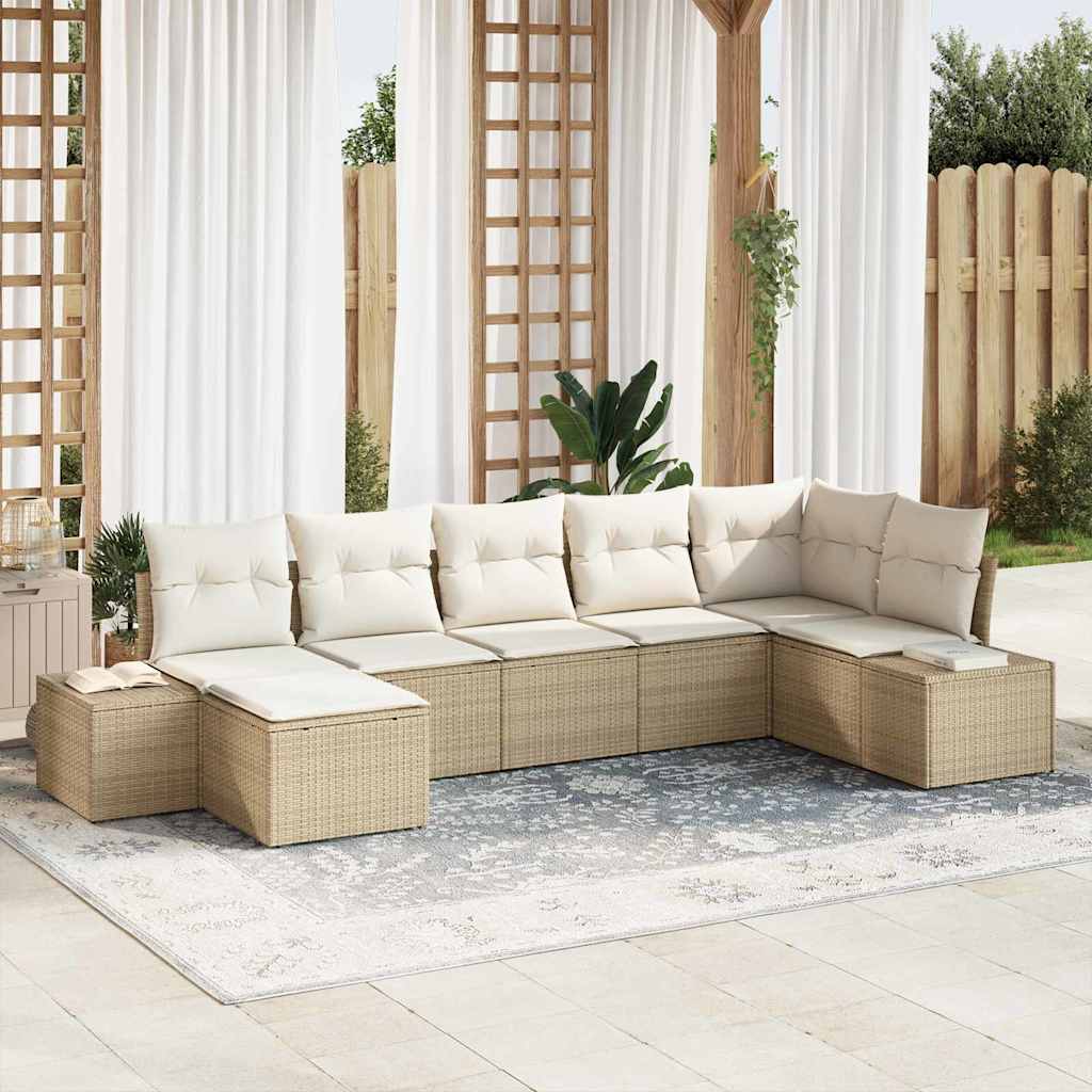 Garten-Sofa-Set mit Kissen mit Speicher 7 pcs Beige Poly-Rattan